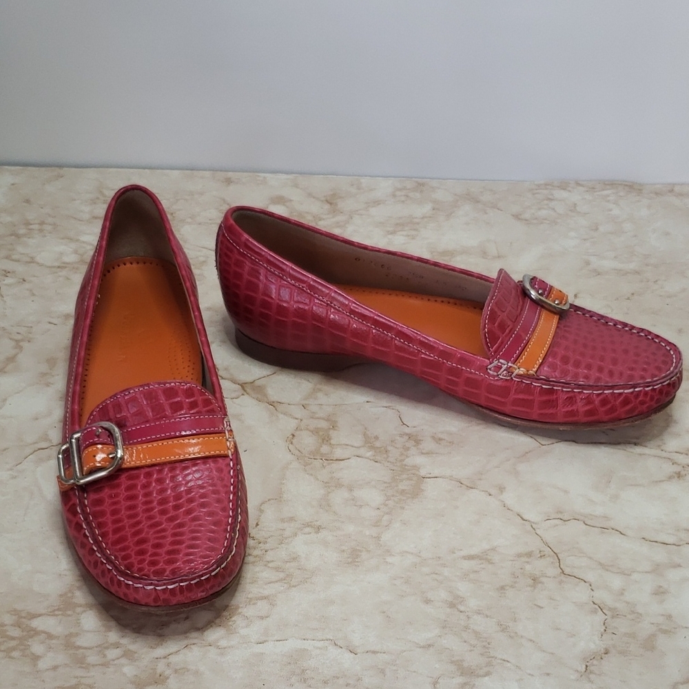 Cole Haan Pink Croc-Embossed Loafers with Orange Accent